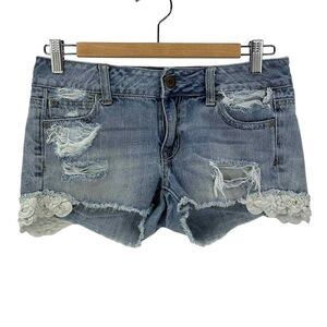 American Eagle Distressed Denim Blue Jean Shorts White Ruffle Sides Women's Sz 2